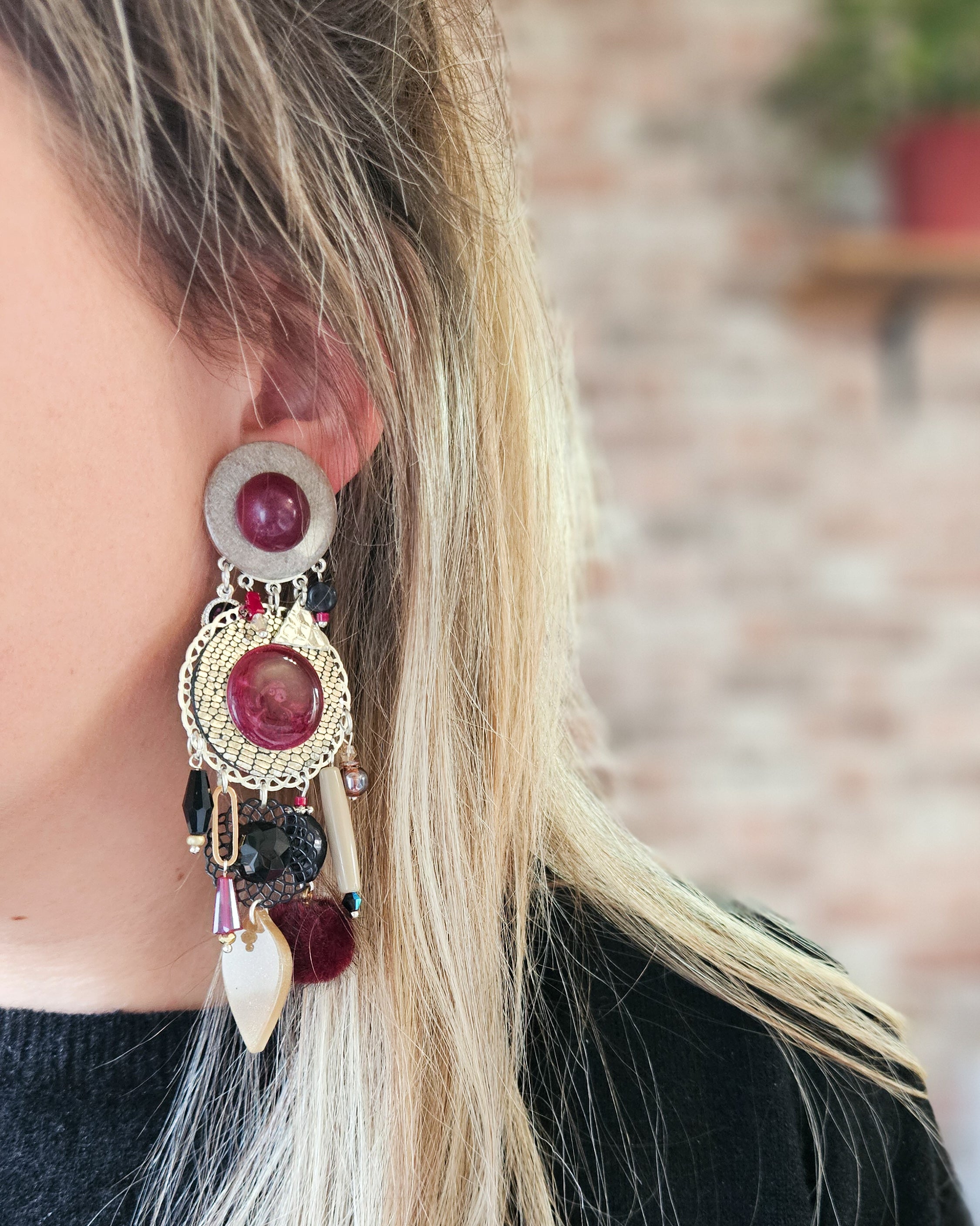 Boucle d'oreille bordeau & beige doré