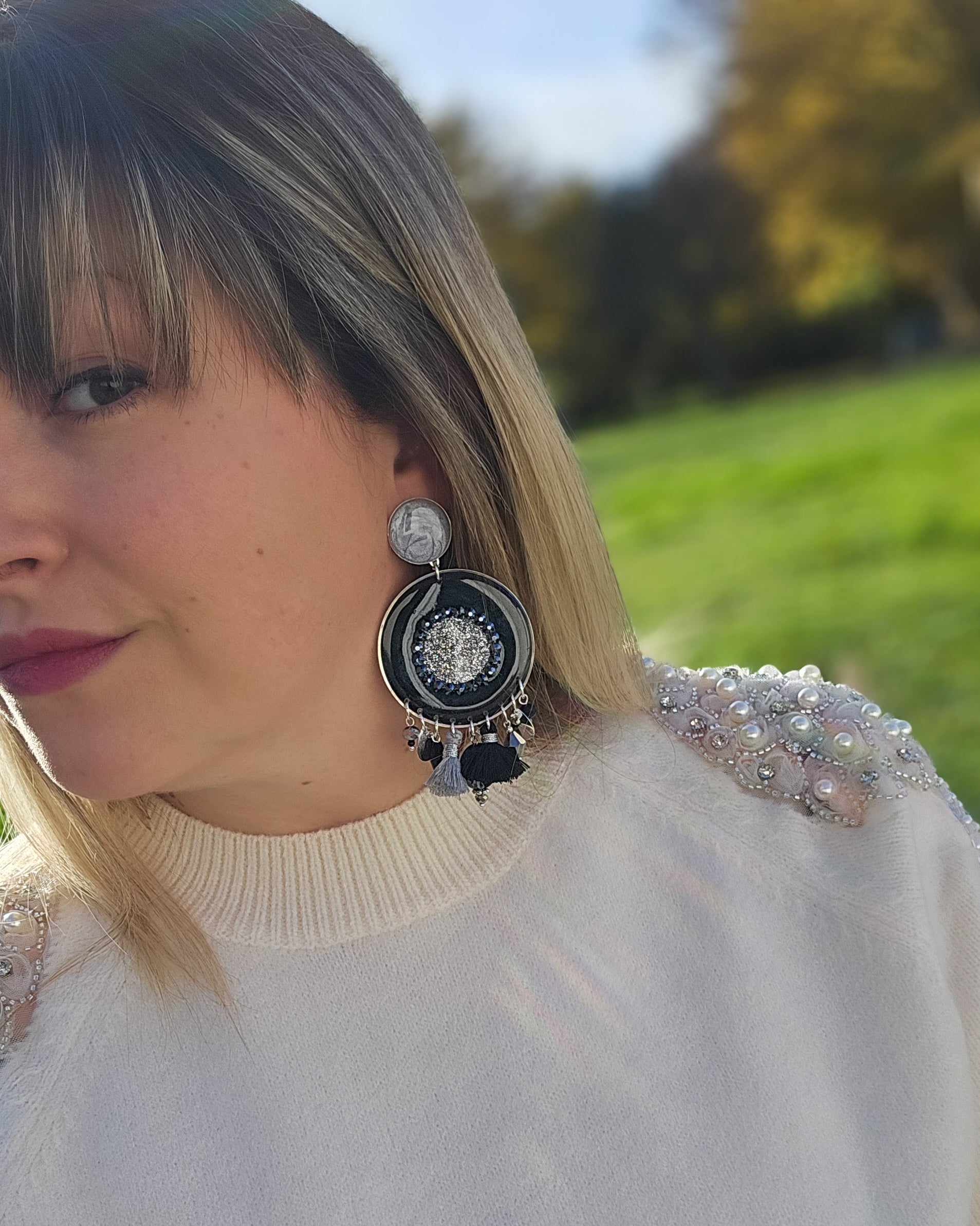 Boucle d'oreille noir anthracite & gris