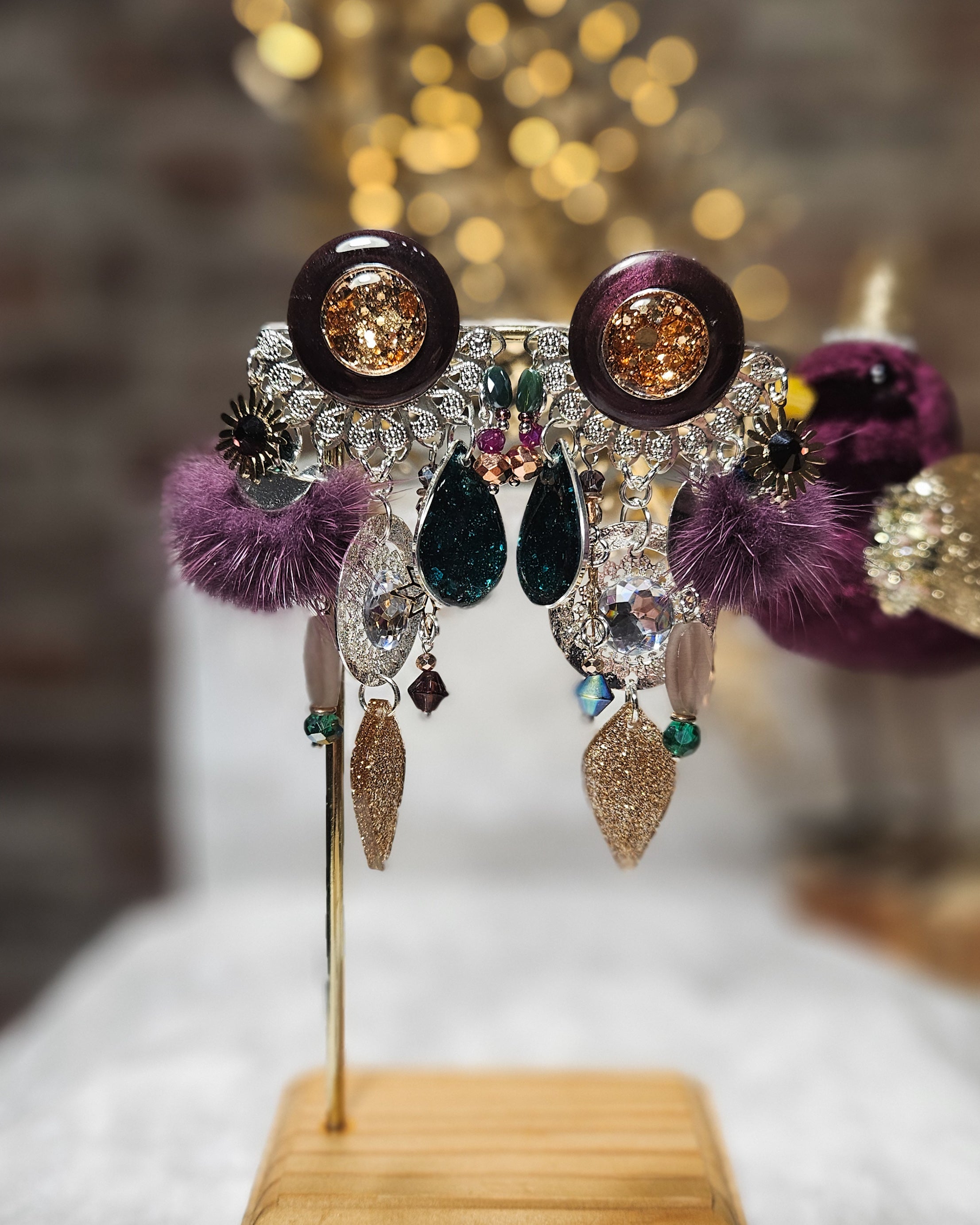 Boucle éventail prune, cuivre et sapin