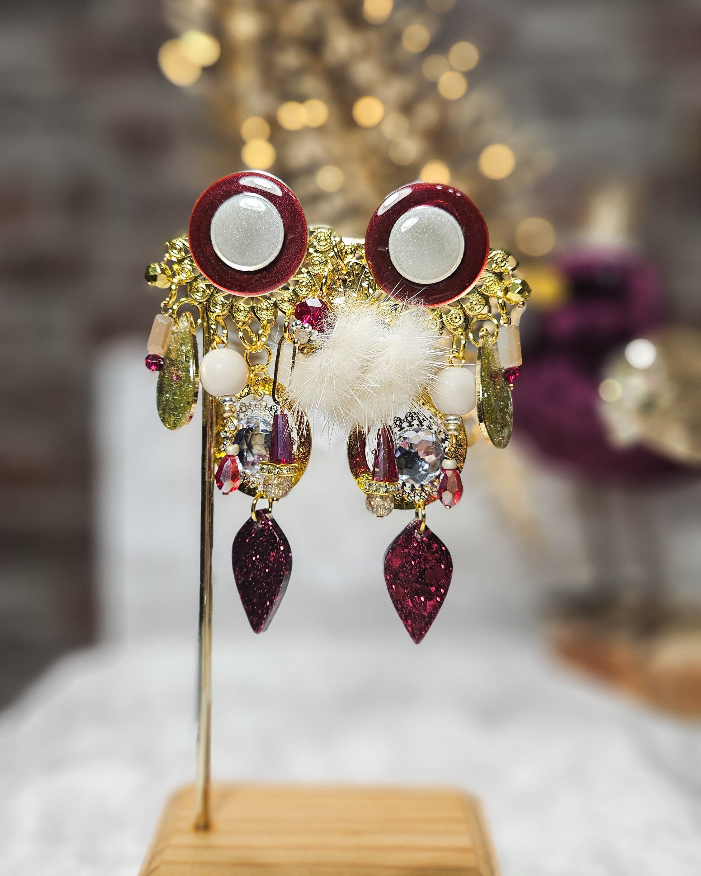Boucle éventail bordeau, beige et doré