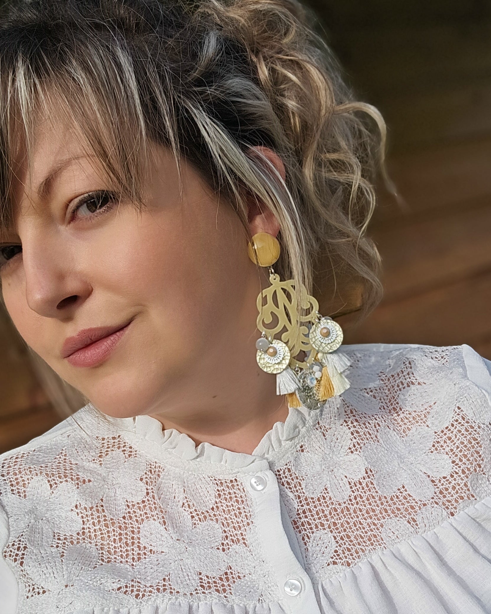 Boucle chandelier beurre|beige|blanc