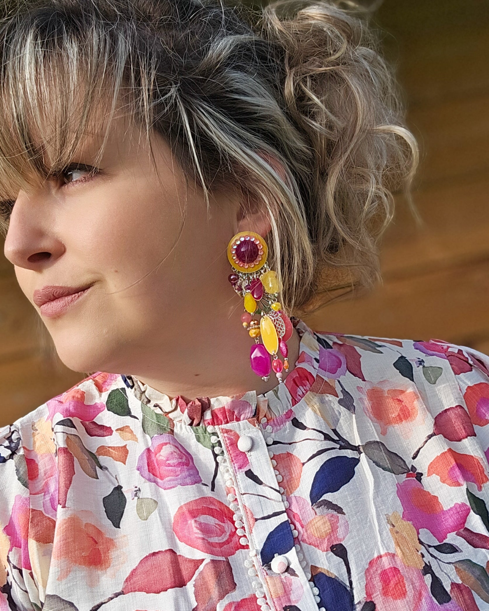 Boucle cascade jaune orangé|framboise|rose