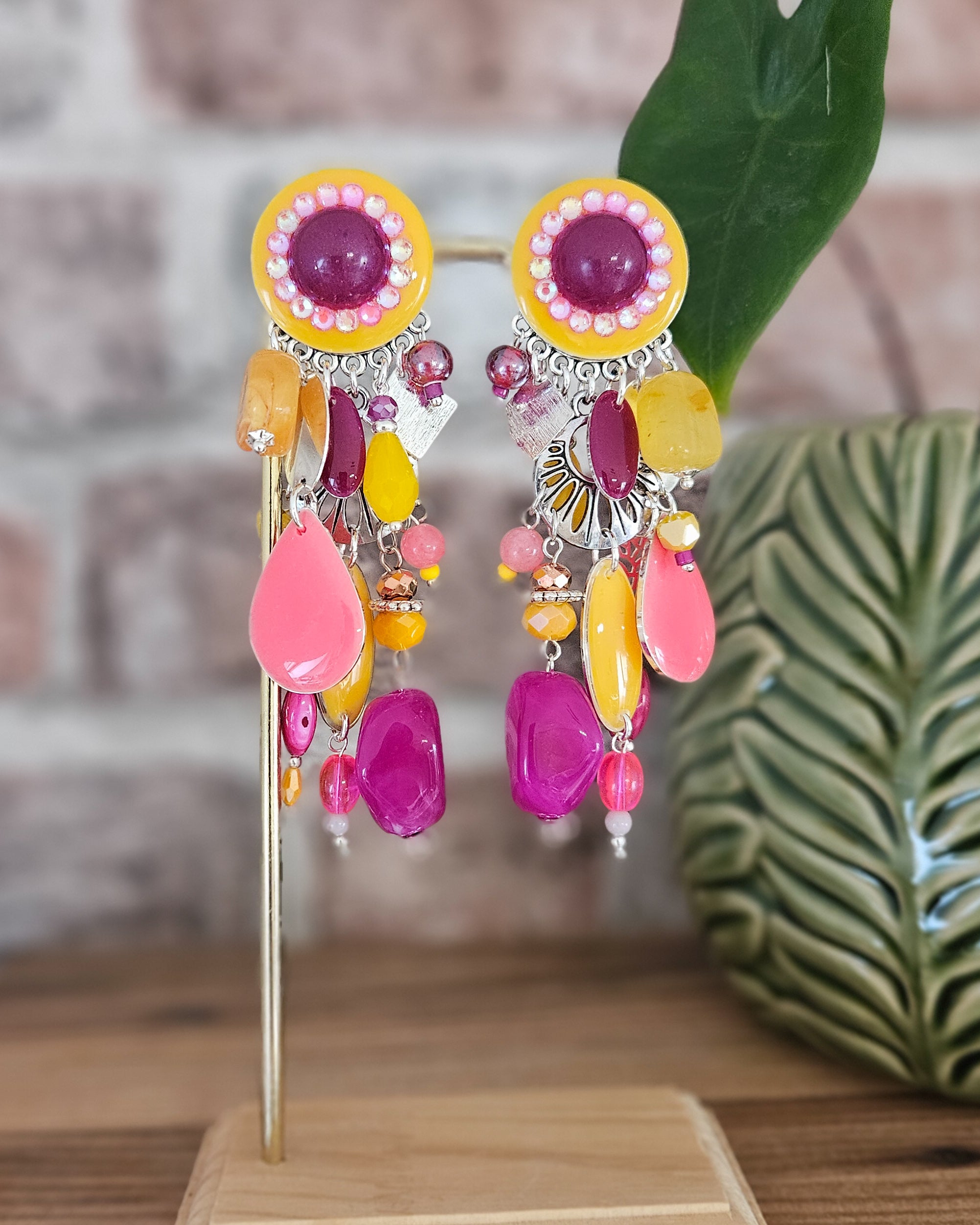 Boucle cascade jaune orangé|framboise|rose