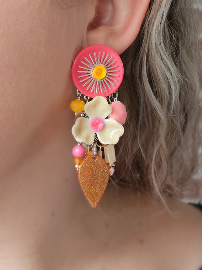Boucle fleur rose, beige & tangerine