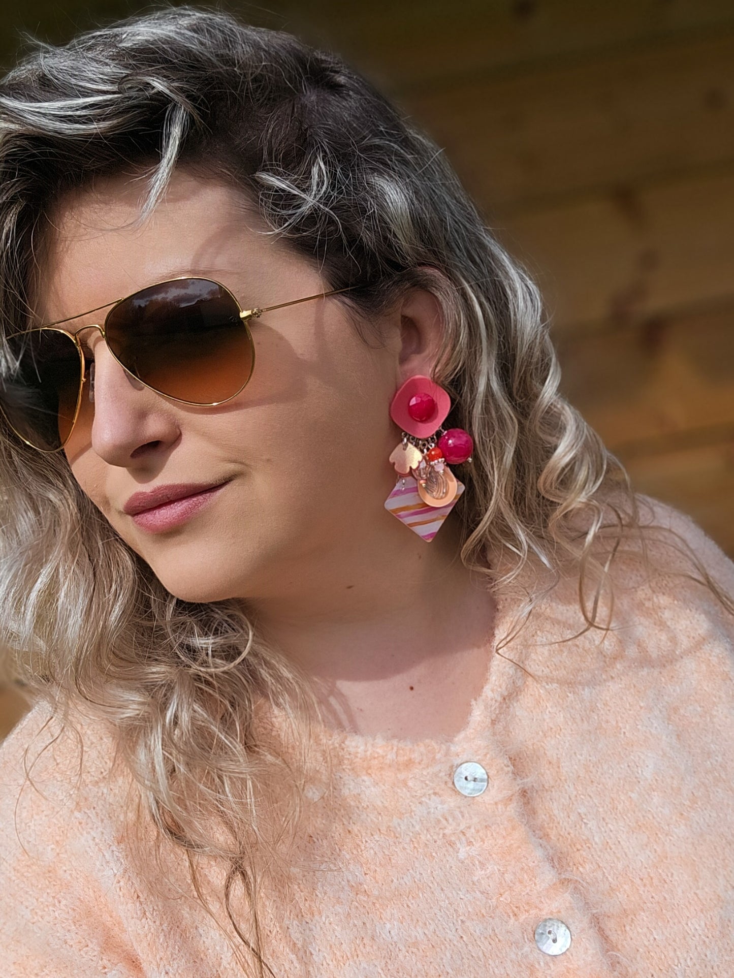 Boucle moyenne rose, corail, rayures