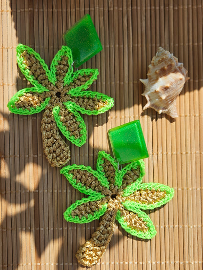 BO palmier crochet ocre & vert fluo