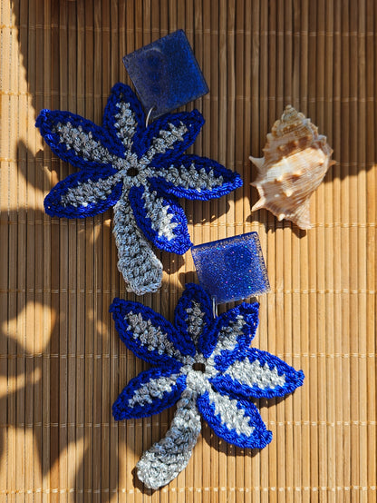 BO palmier crochet argenté bleu