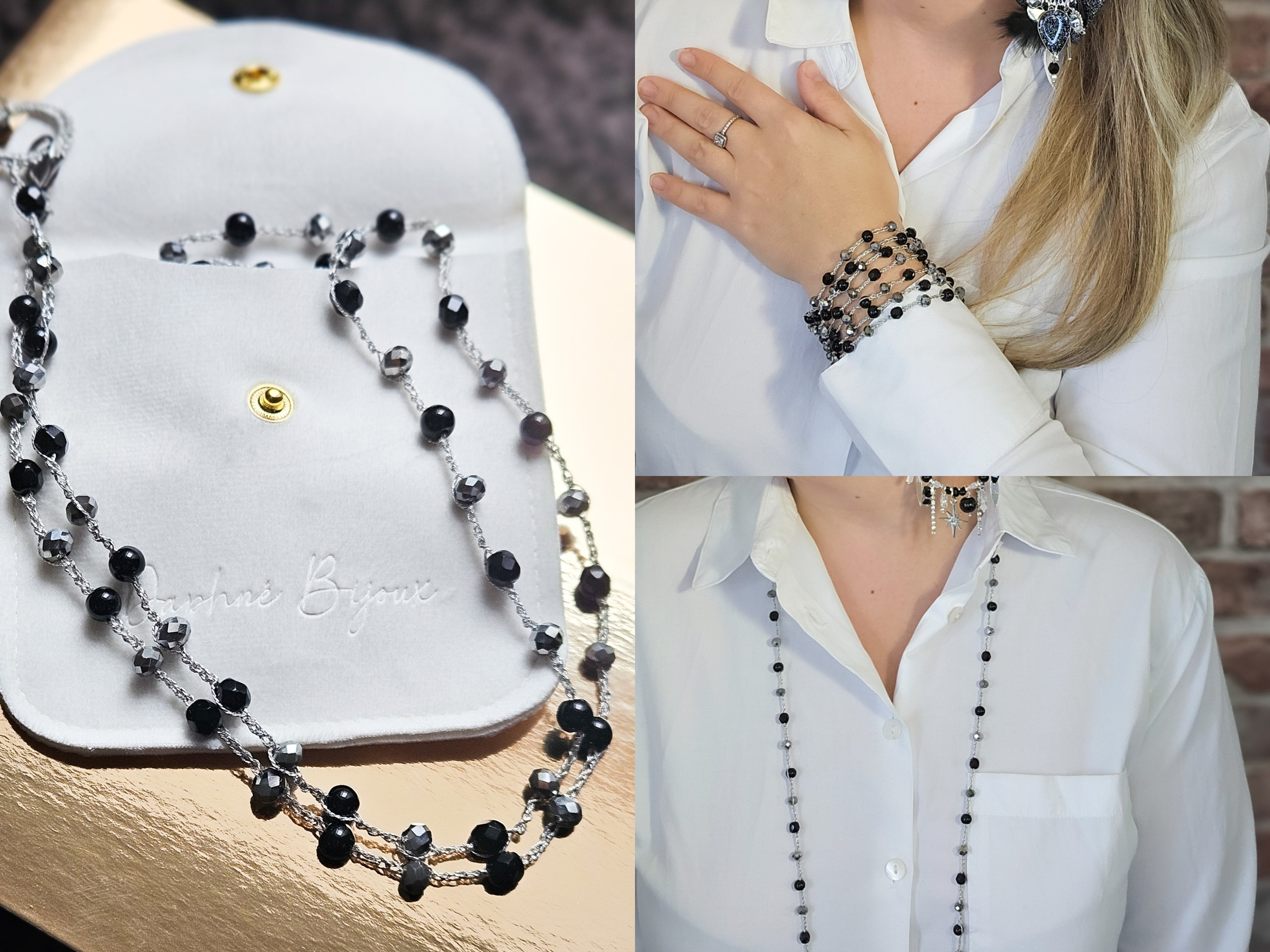 Sautoir perles noir - argenté