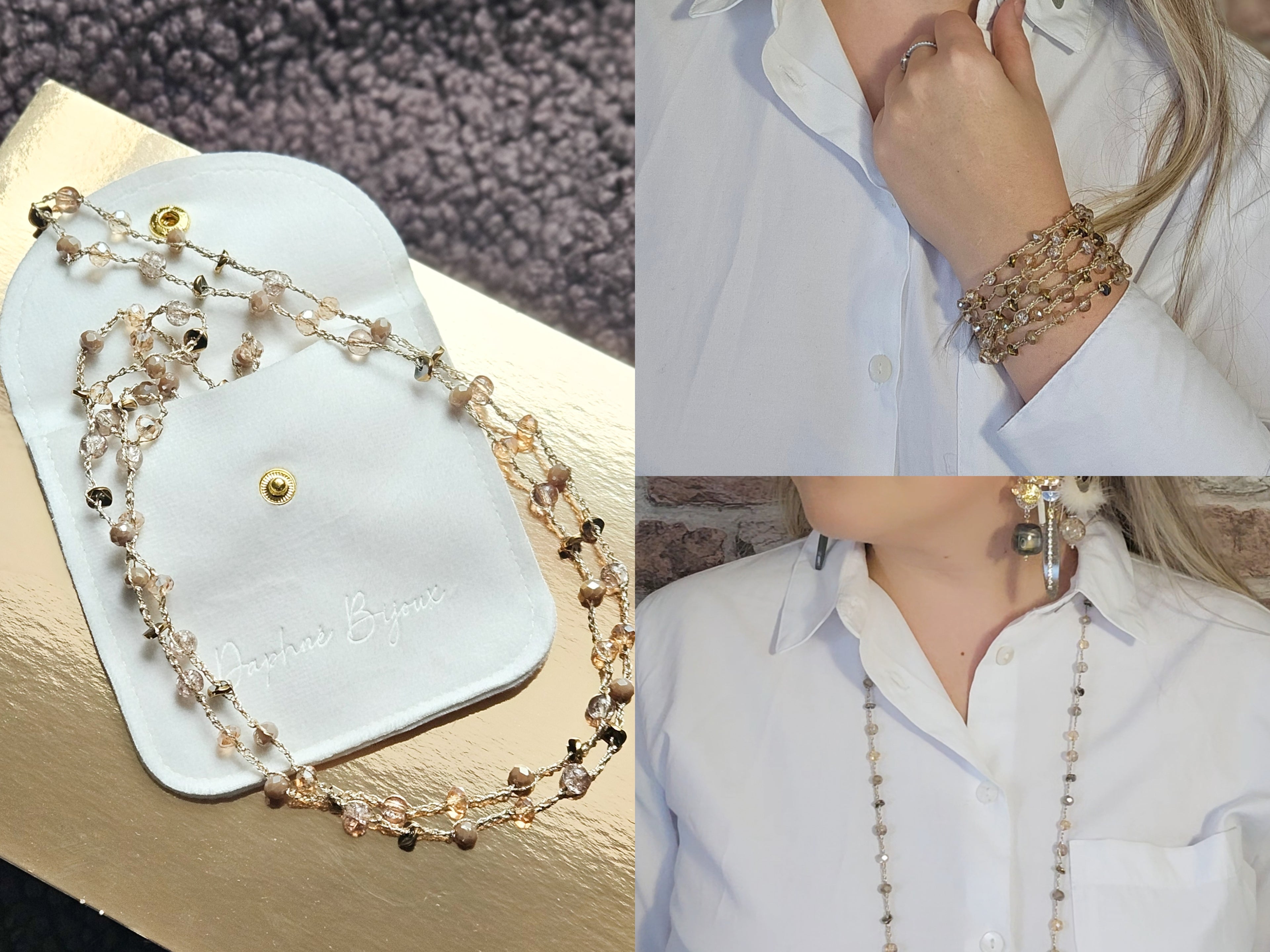 Sautoir perles beige - doré