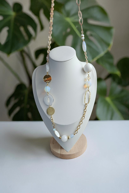 Sautoir perles blanc & doré acier inox
